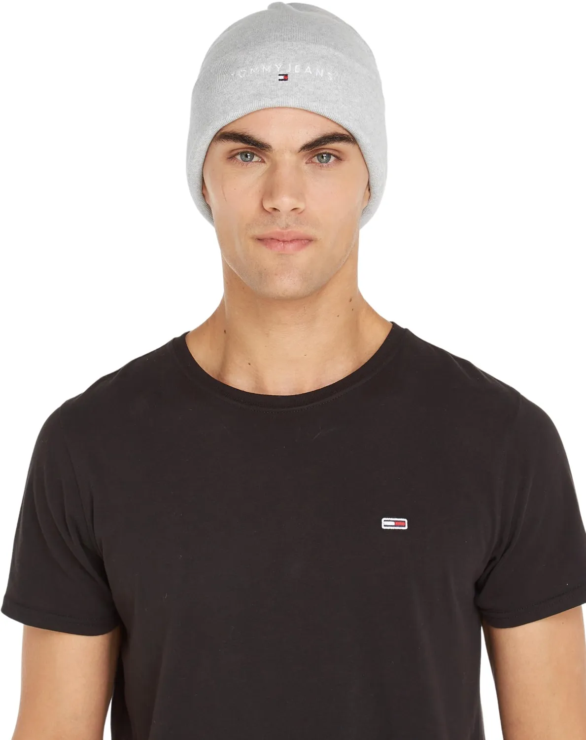 Tommy Jeans Linear Logo Beanie Mütze Grau Bio-Baumwolle