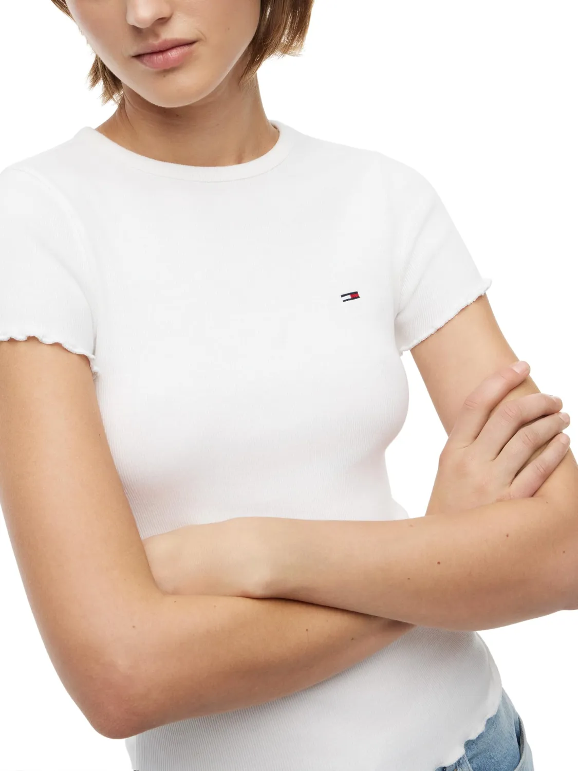 Tommy Jeans TJW Slim Lettuce Edge Rib SS T-Shirt Ecru Wellensaum