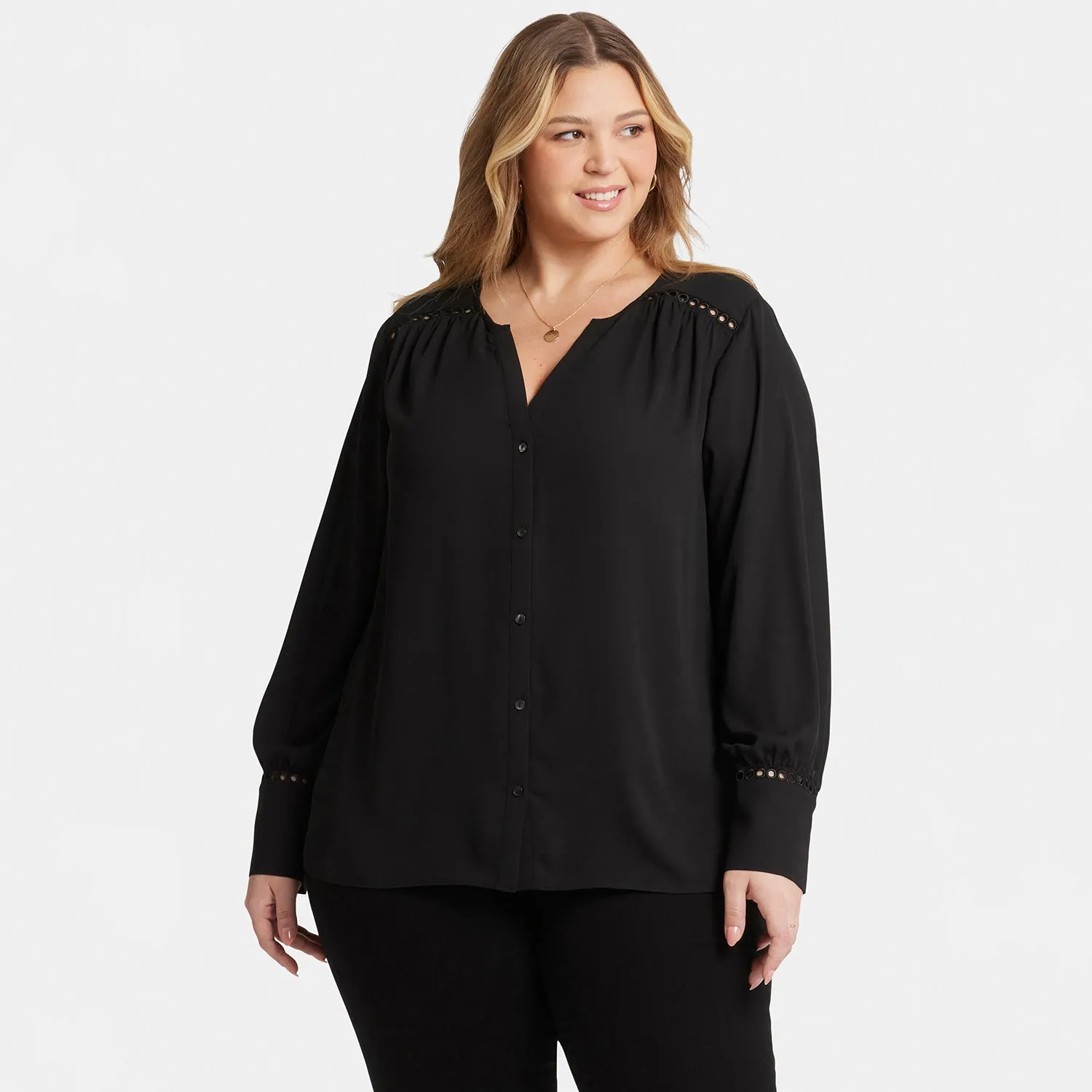 NYDJ Liliana Peasant Bluse Schwarz Plus Soutache