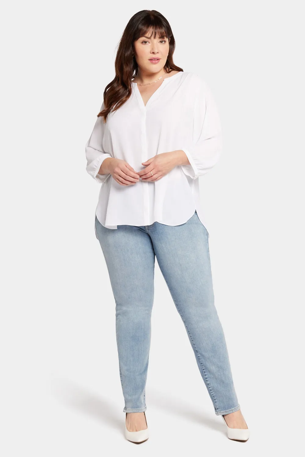 NYDJ Pintuck Bluse Plus Size Optic White 3/4-Arm