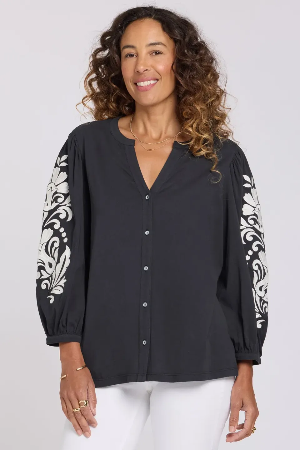 NYDJ Embroidered Knit Bluse Black Ivory Baumwolle