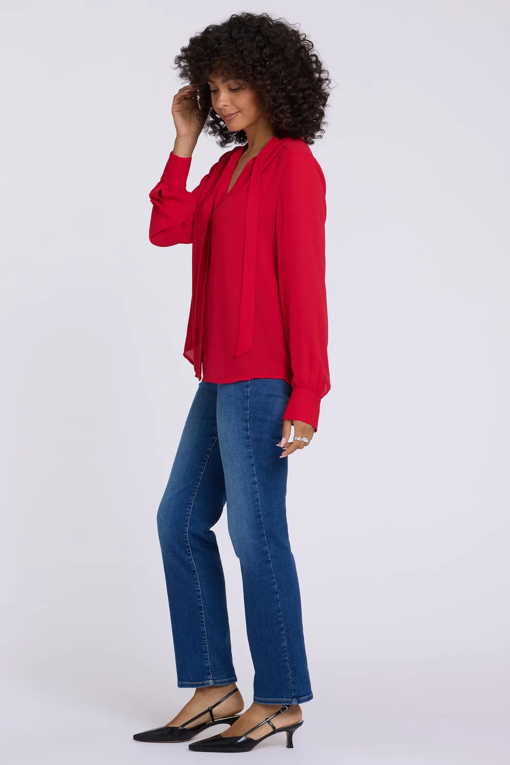 NYDJ Tie-Neck Bluse Passion Rot Schleife Langarm