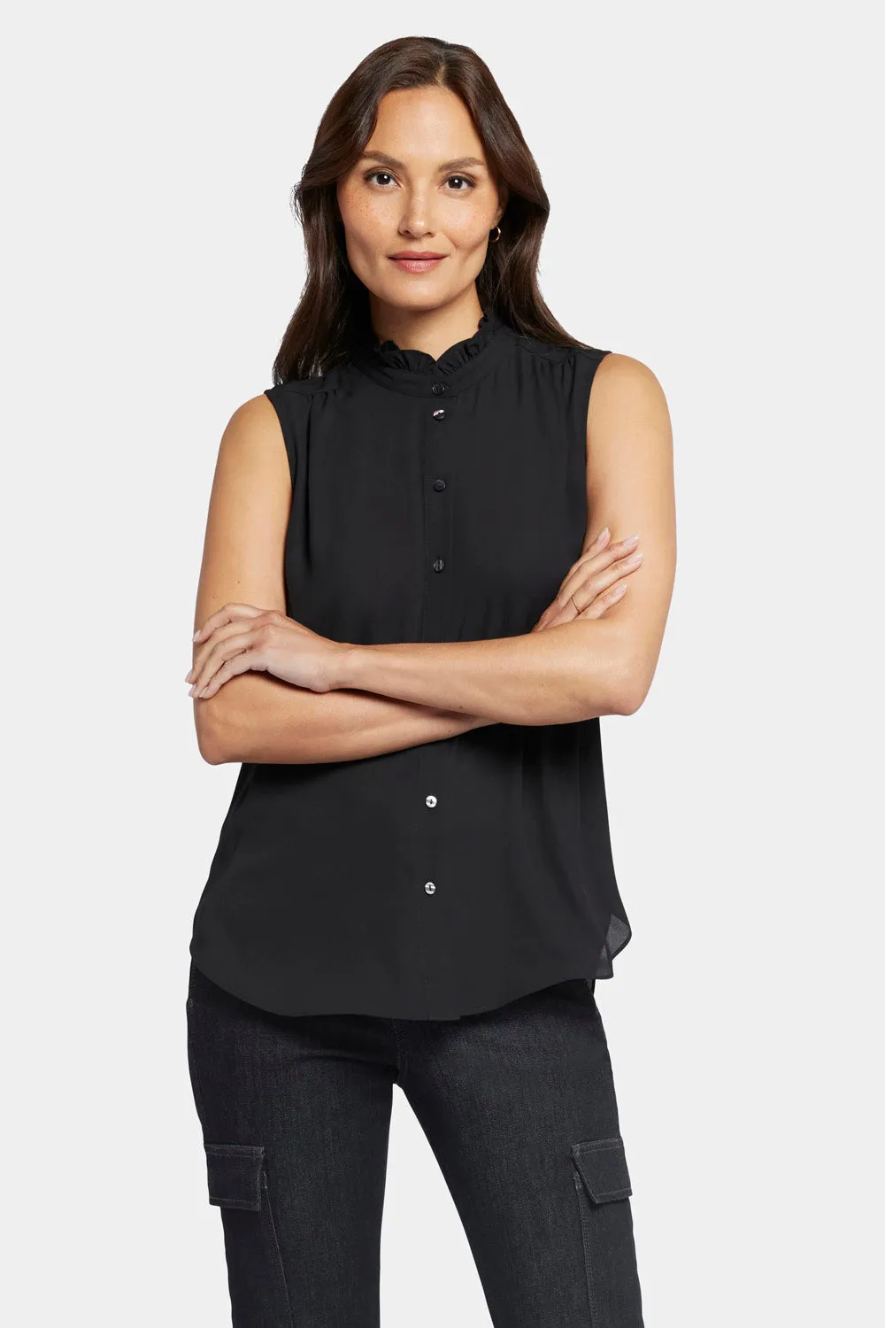 NYDJ Ruffle Neck Bluse Schwarz Ärmellos