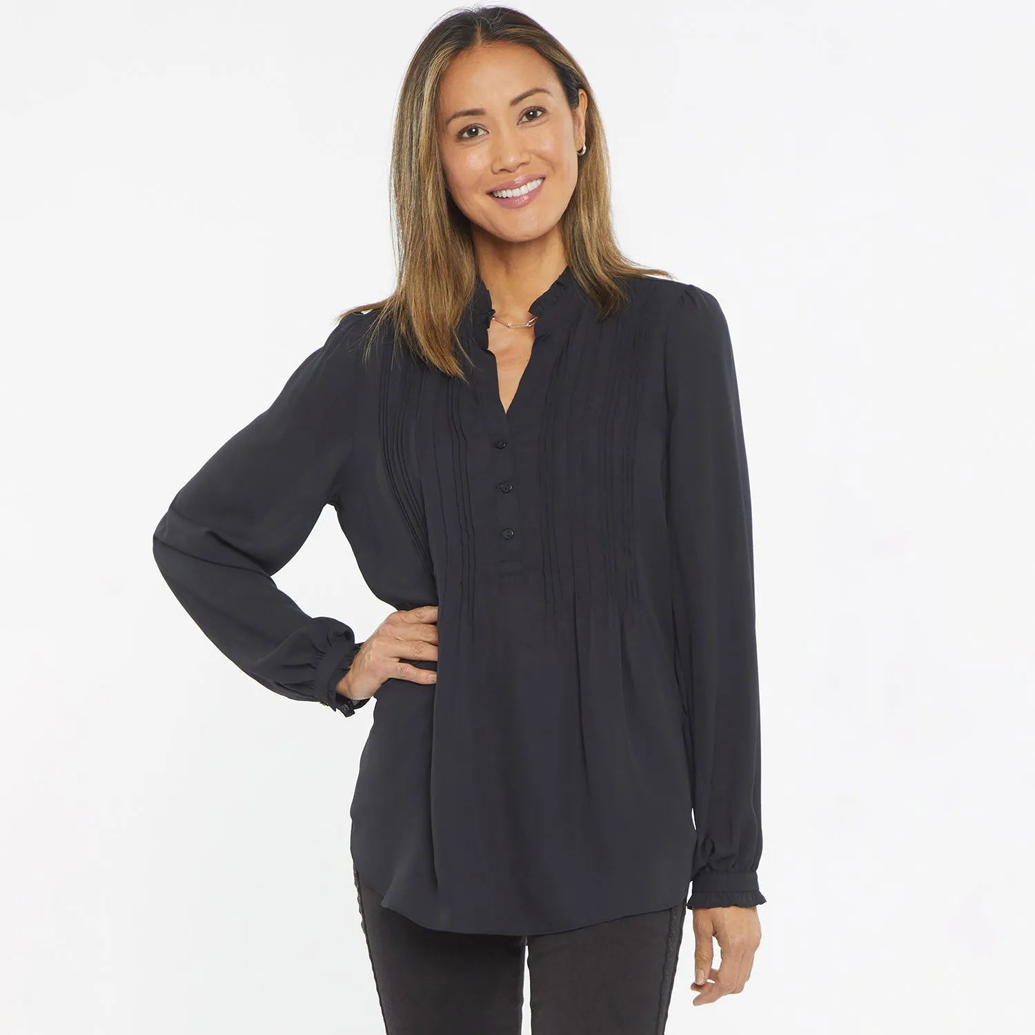 NYDJ Pleated Front Tunika Schwarz Langarm mit Rüschen