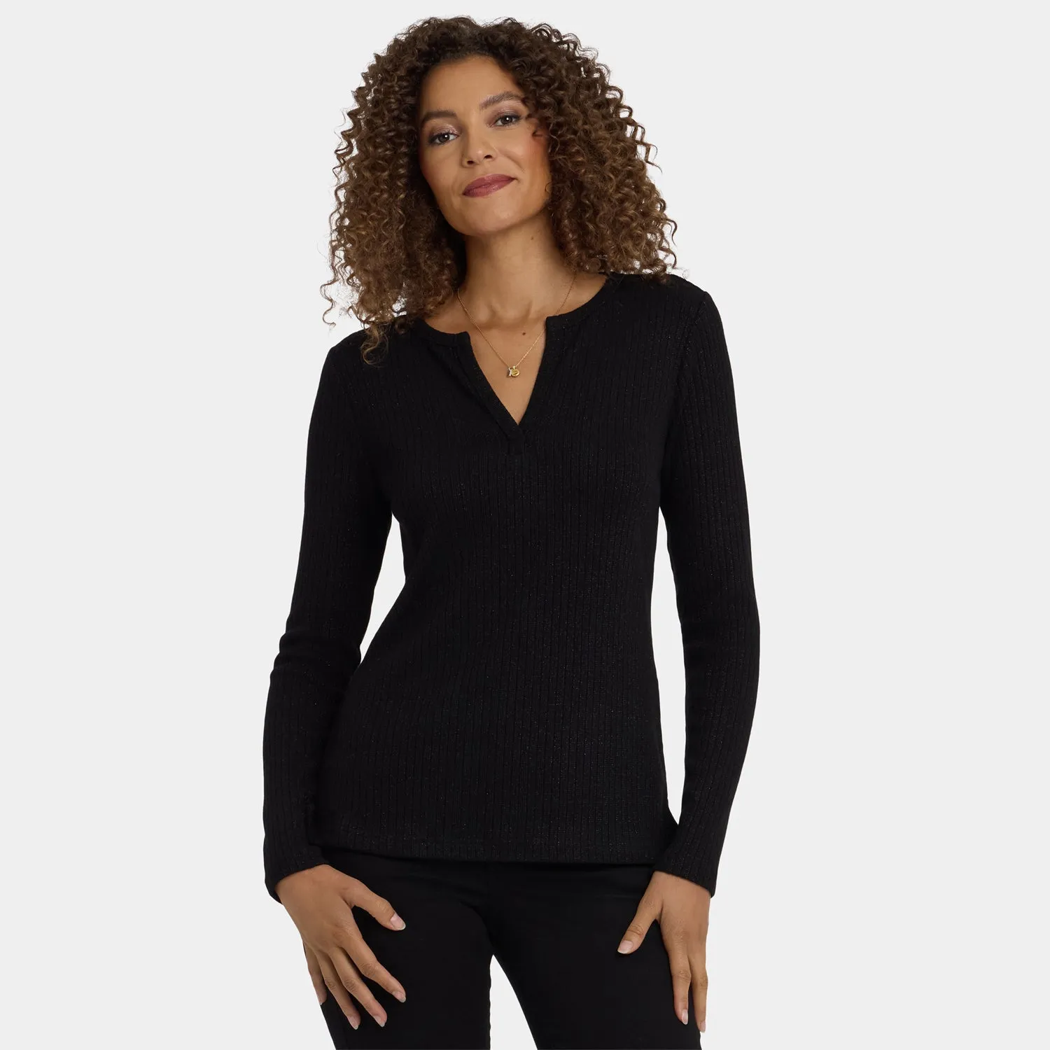 NYDJ Shimmer Henley Top langarm Schwarz Glitzer