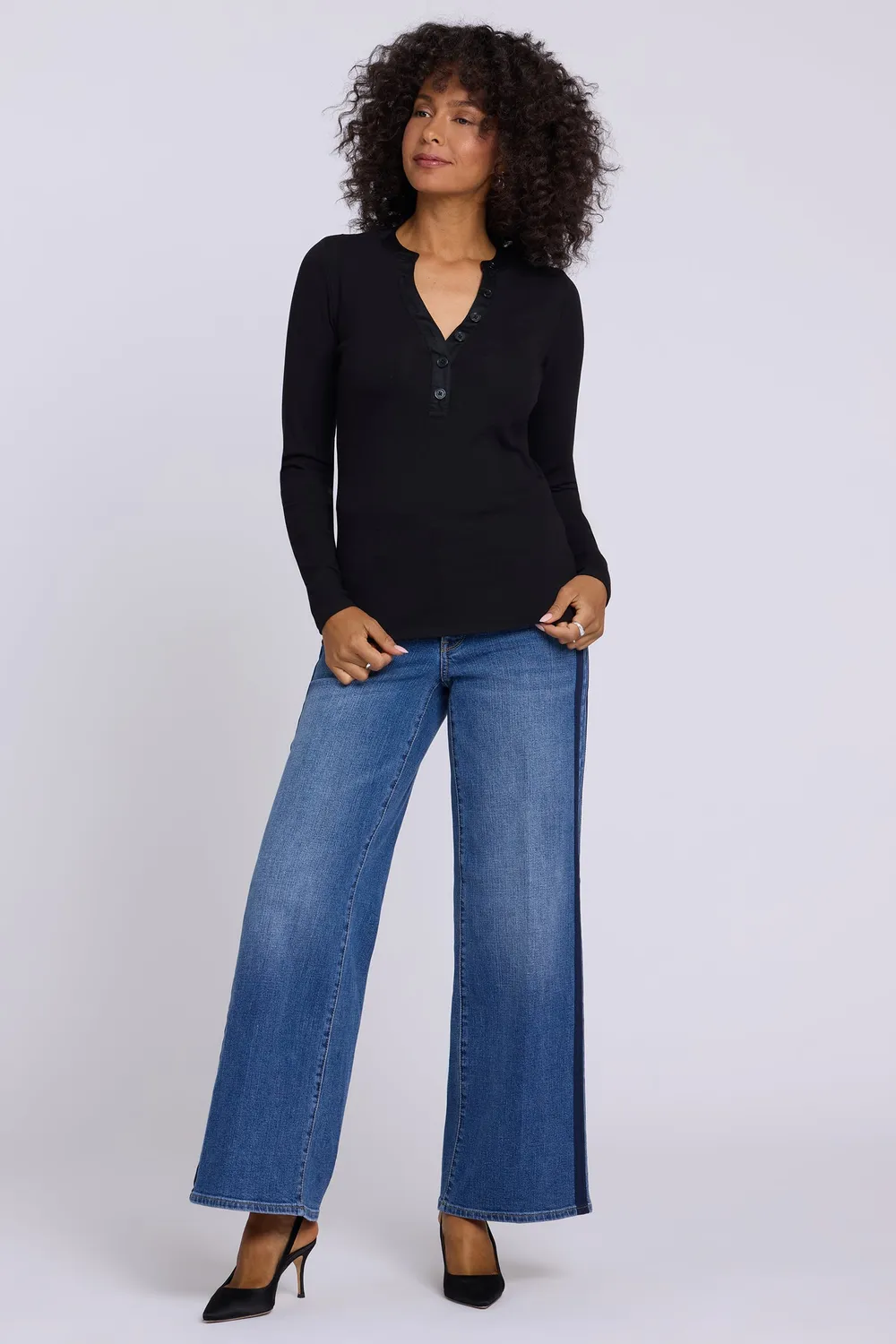 NYDJ Emery Ribbed Henley Strickshirt Schwarz Viskose