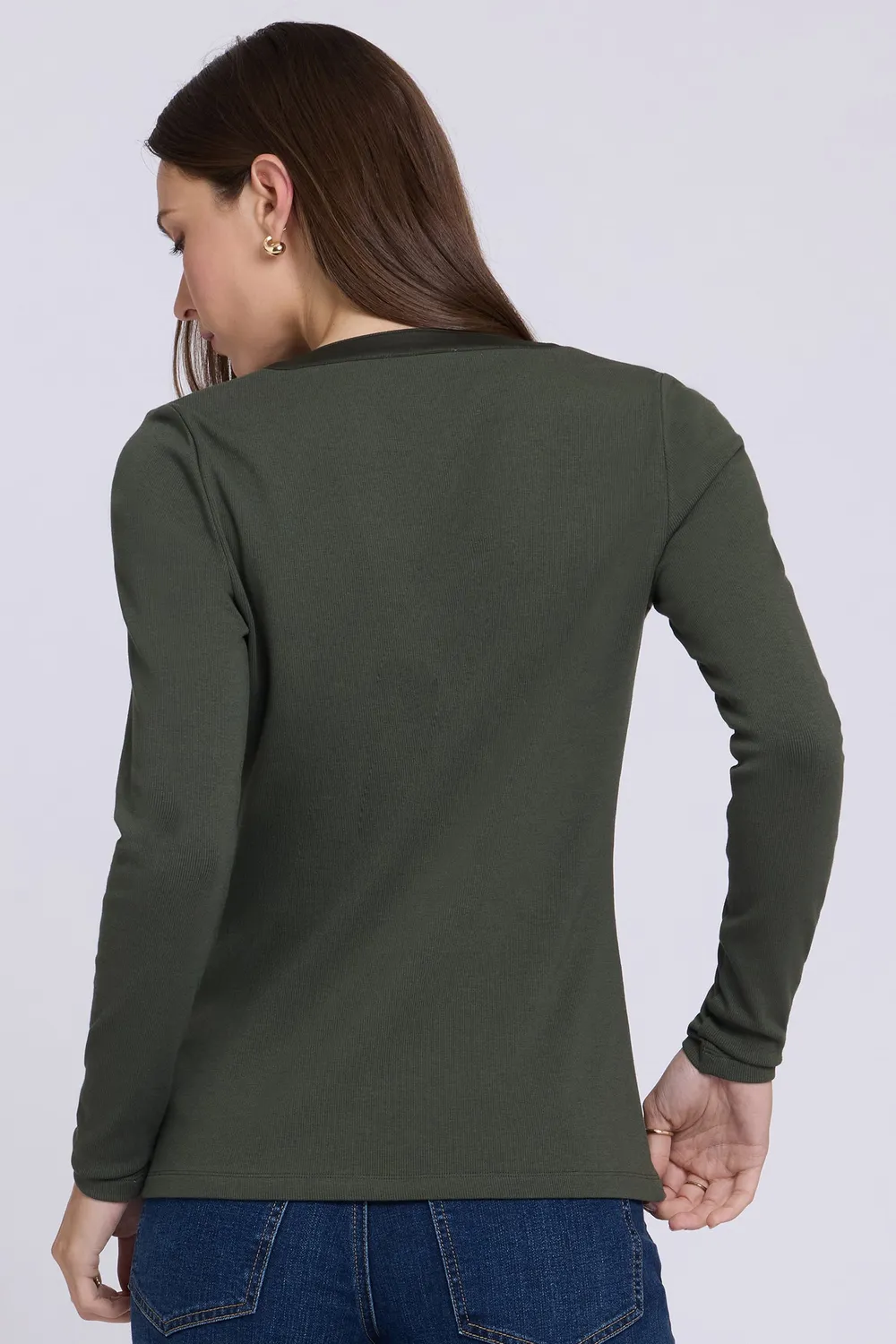 NYDJ Emery Ribbed Henley Pullover True Olive
