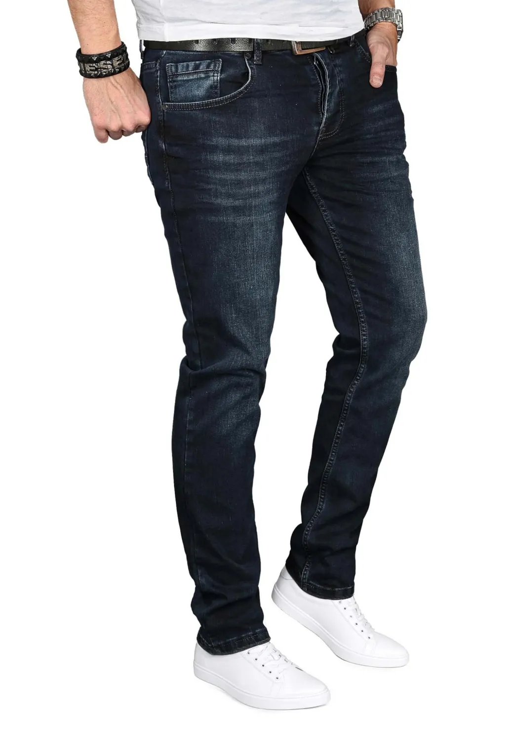 Alessandro Salvarini Herren Slim Fit Jeans Stretch Mittelblau Used