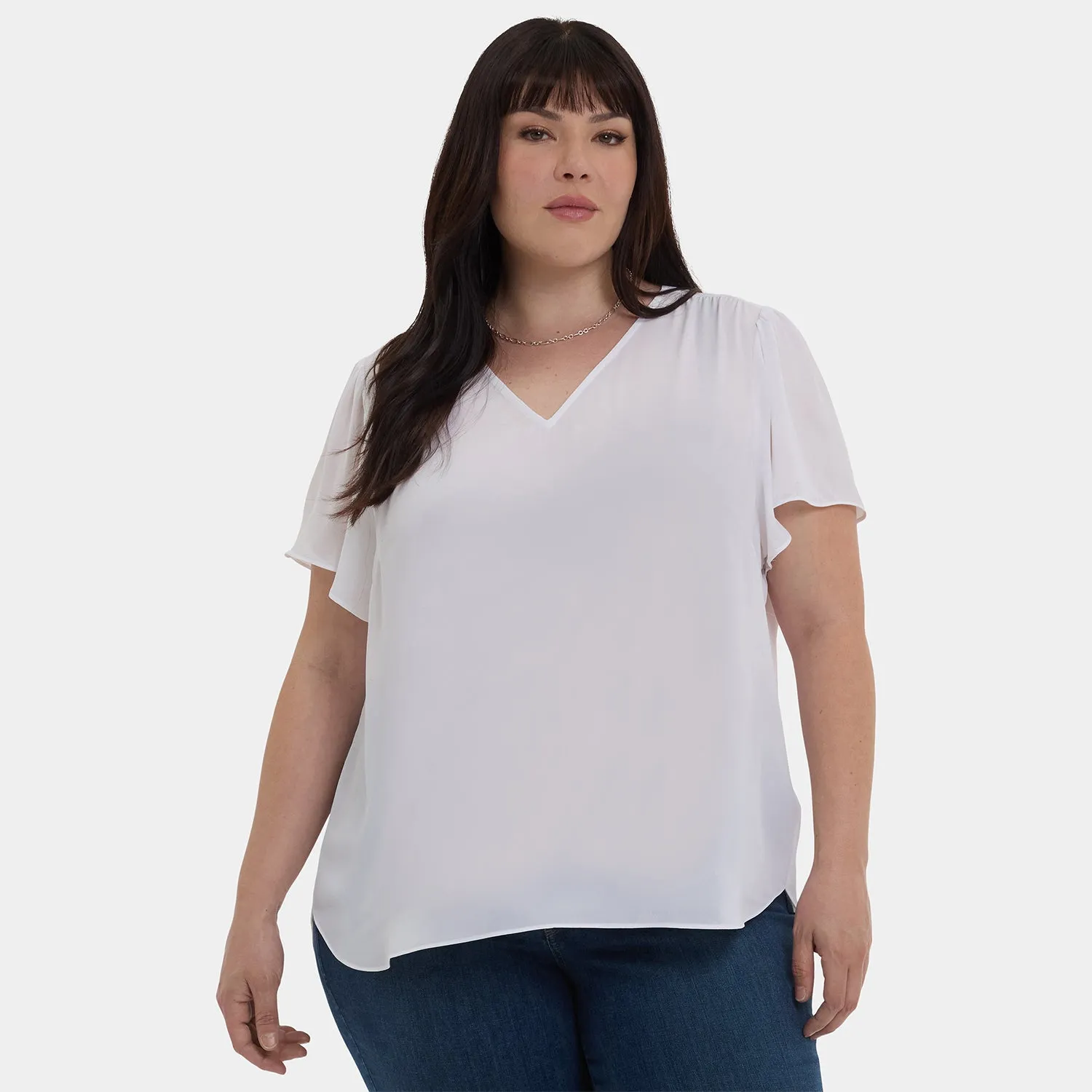NYDJ Pleated Flutter Sleeved Bluse Optic White Plus Size