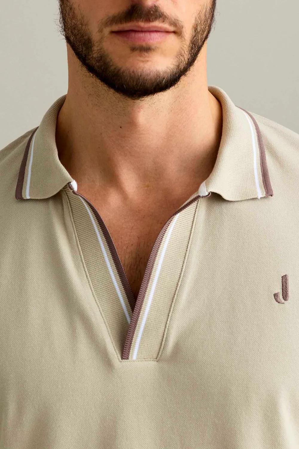 Jeckerson Polo V-Ausschnitt Polohemd Hellbeige Piquet