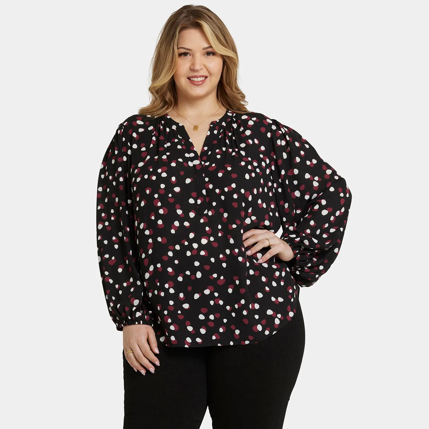 NYDJ Puff Sleeve Popover Top Watkins Dot Plus schwarz