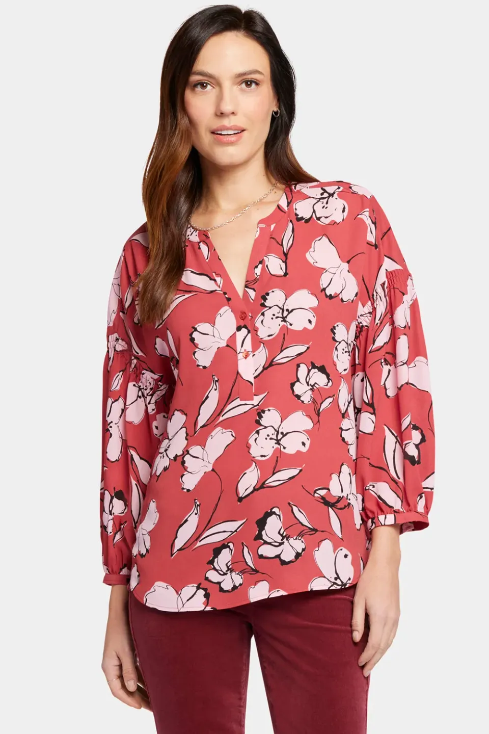NYDJ Paulina Bountiful Bluse Rot Multi mit Knopfleiste