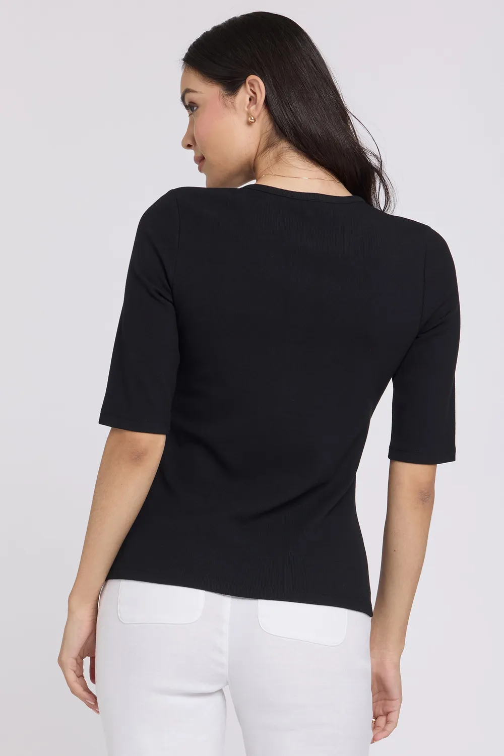 NYDJ Ribbed Elbow Sleeved Henley Strickshirt Schwarz gerippt