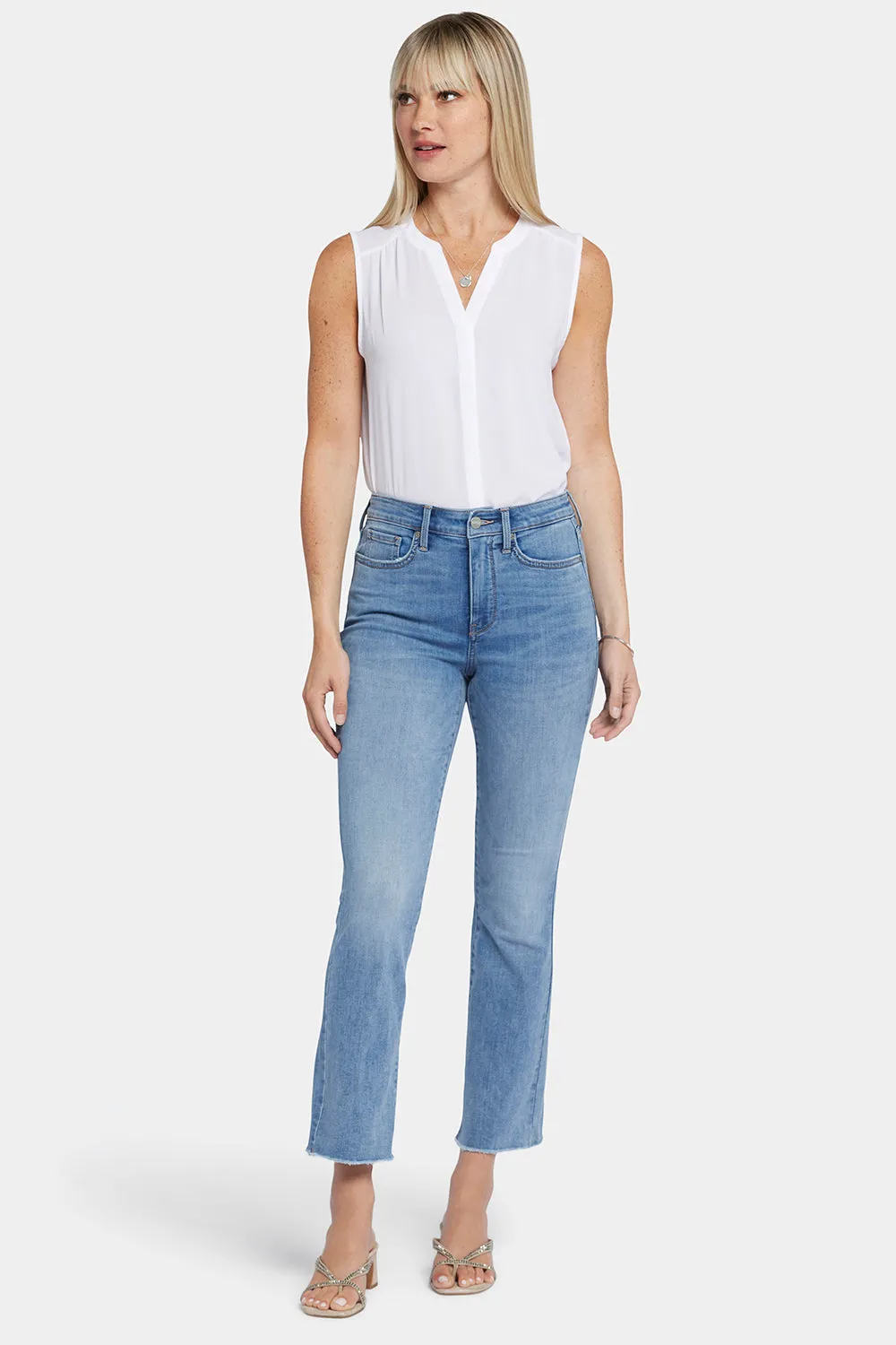 NYDJ Slim Bootcut Ankle Jeans Blau Fransensaum