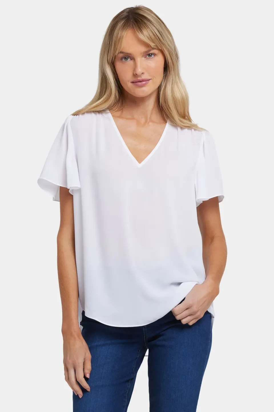 NYDJ Pleated Flutter Bluse Optic White V-Ausschnitt