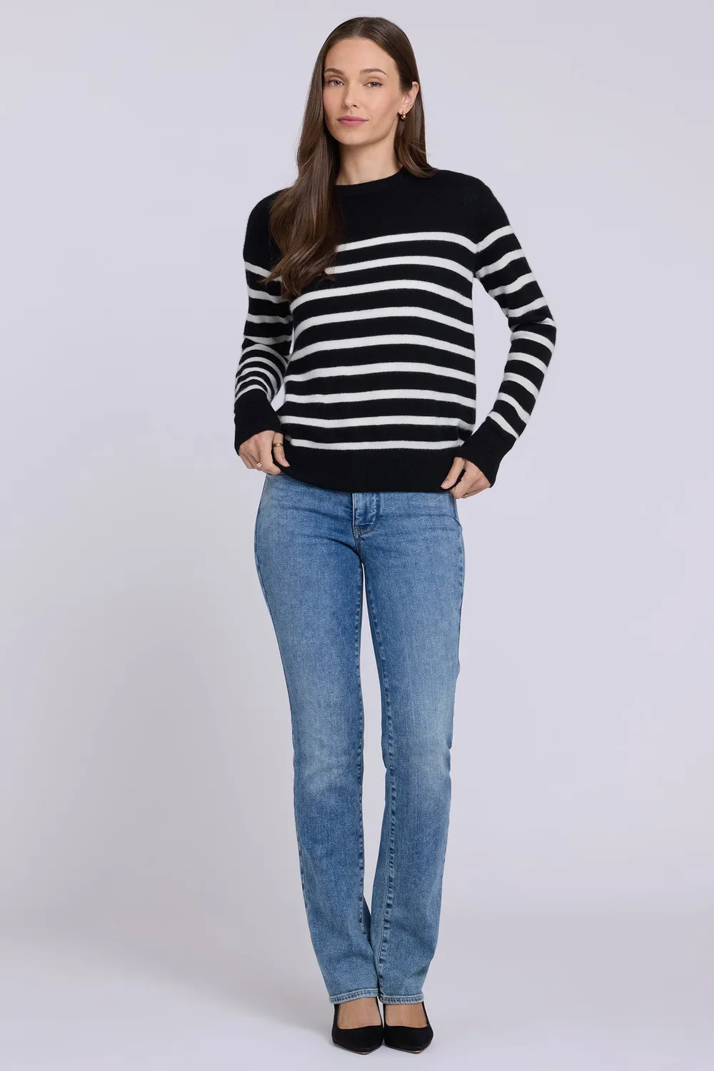 NYDJ Striped Cashmere Crewneck Sweater Pullover Black Ivory Rundhals