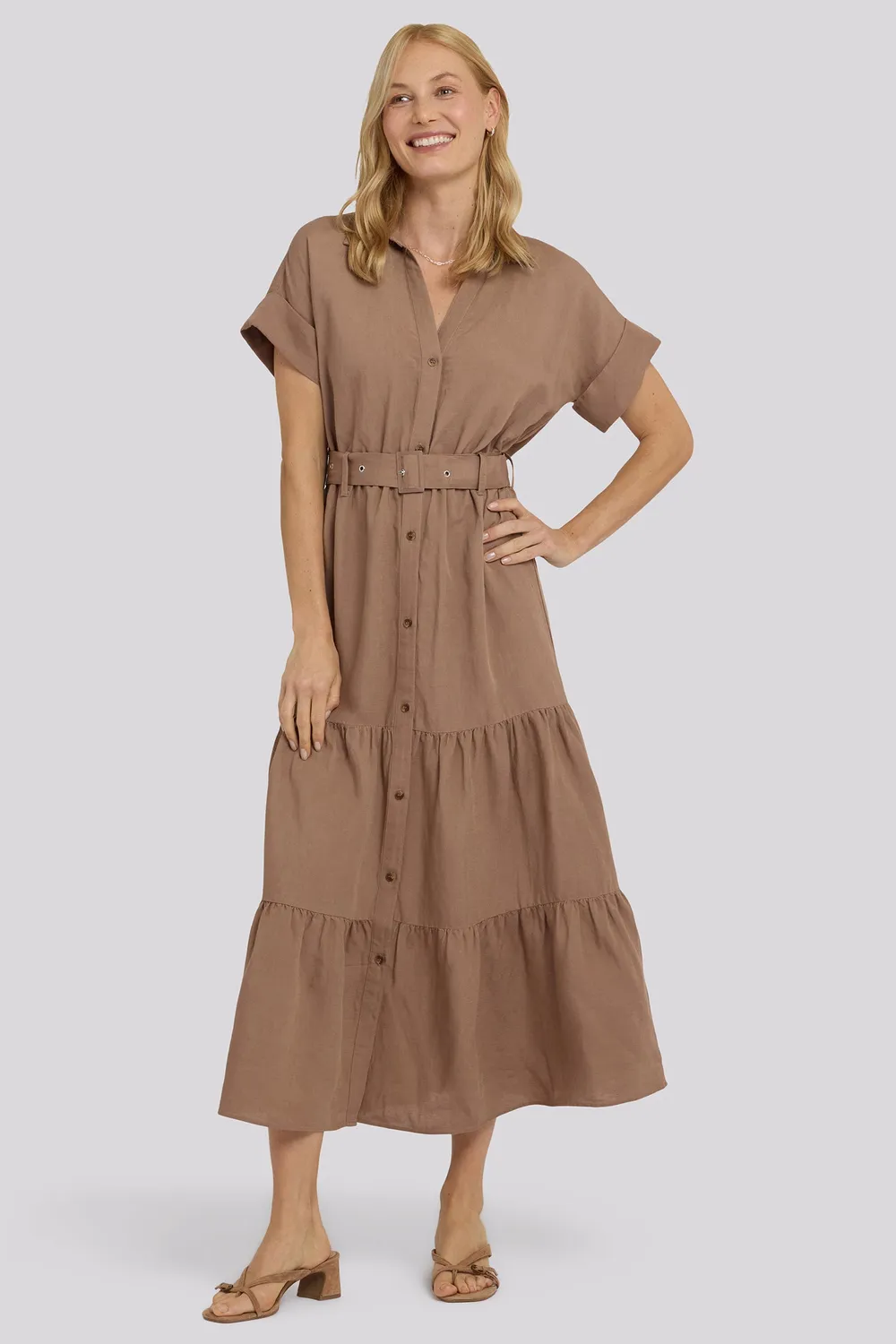 NYDJ Belted Tiered Shirtdress Kleid Toasted Coconut