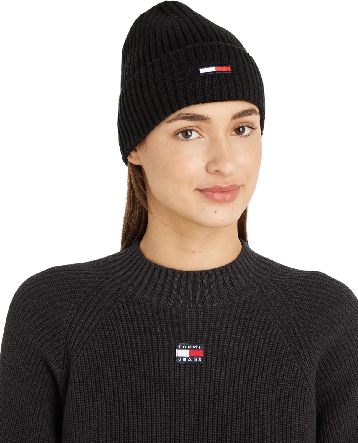 Tommy Jeans Flag Rib Beanie Mütze Schwarz Strick