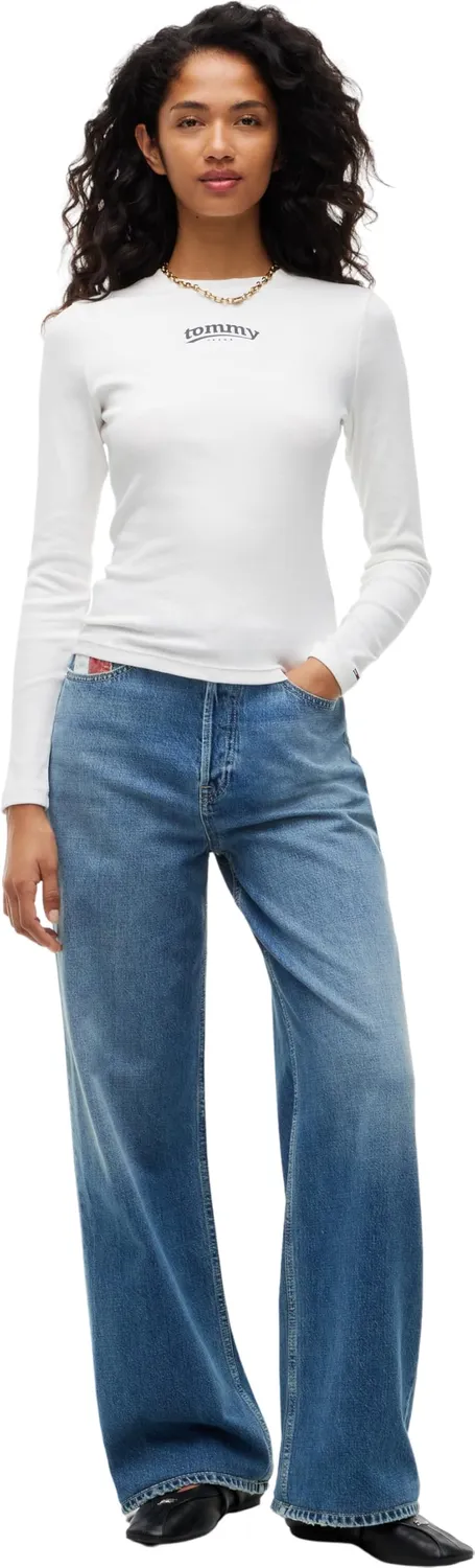 Tommy Jeans Slim ESS Logo Langarmshirt Weiß Ecru