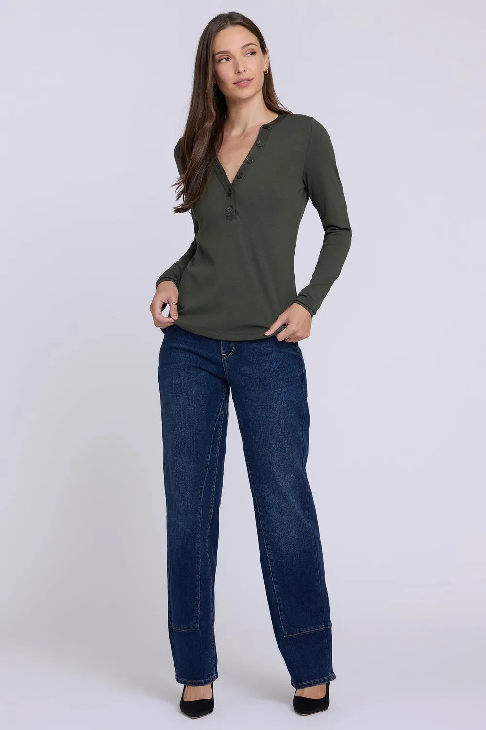 NYDJ Emery Ribbed Henley Pullover True Olive