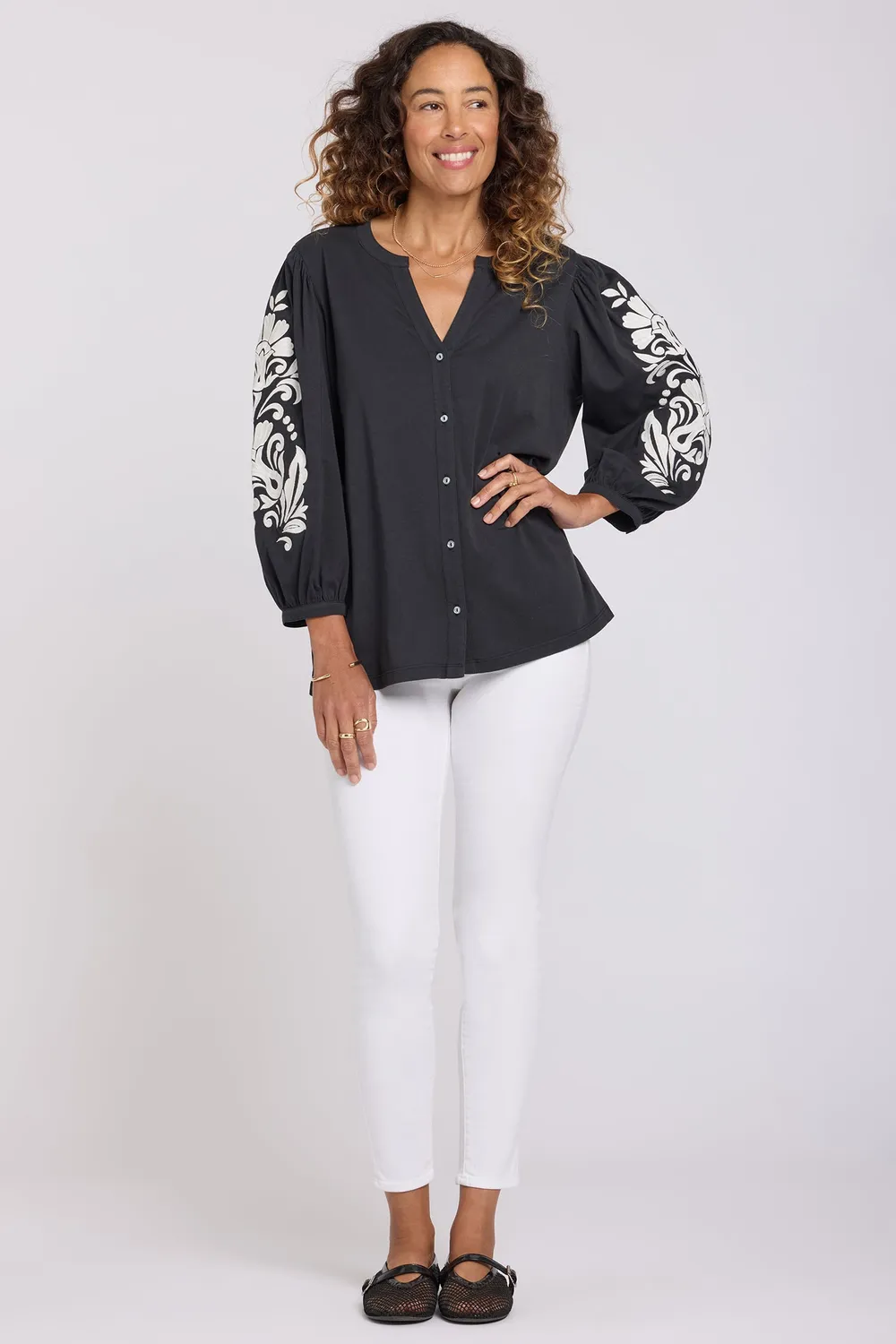 NYDJ Embroidered Knit Bluse Black Ivory Baumwolle