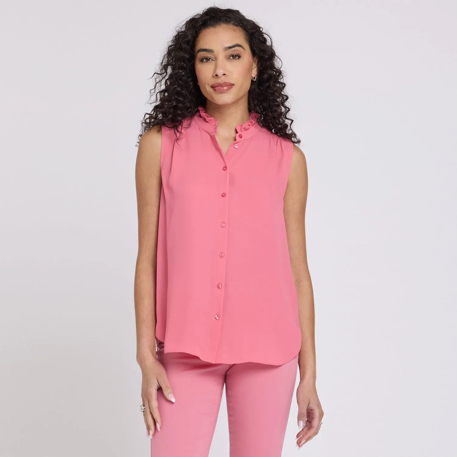 NYDJ Ruffle Neck Bluse Desert Rose Ärmellos