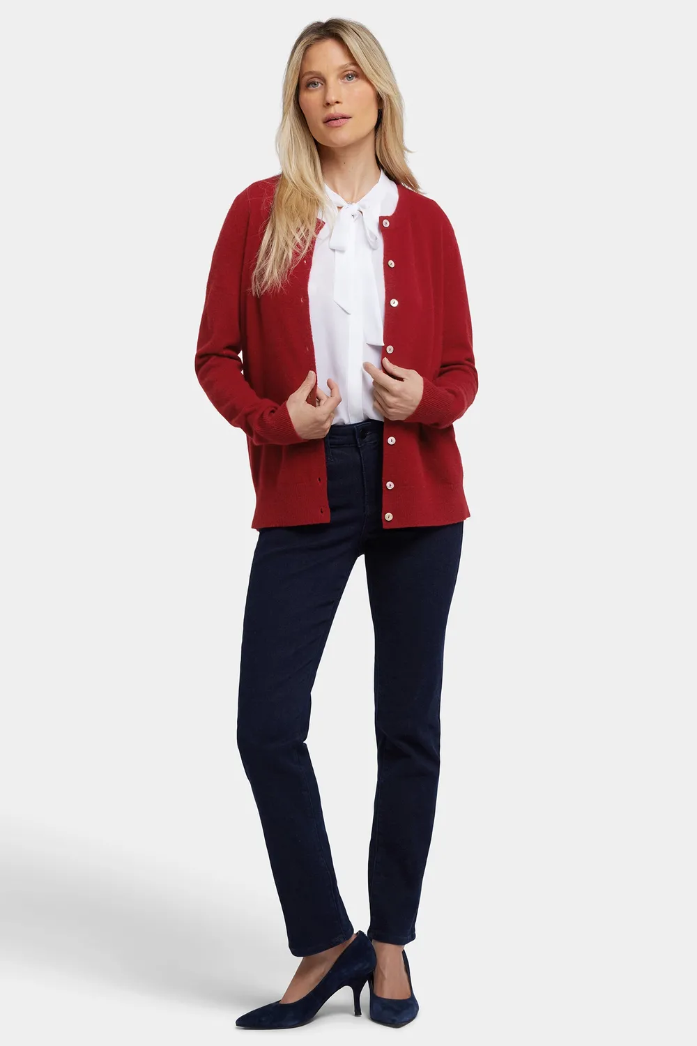 NYDJ Cashmere Crewneck Cardigan Strickjacke Rot