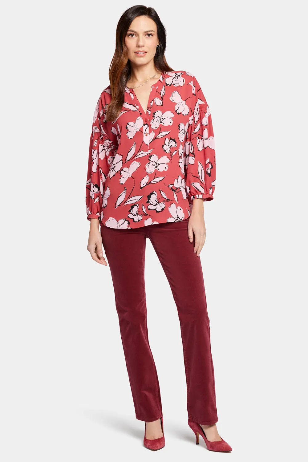 NYDJ Paulina Bountiful Bluse Rot Multi mit Knopfleiste