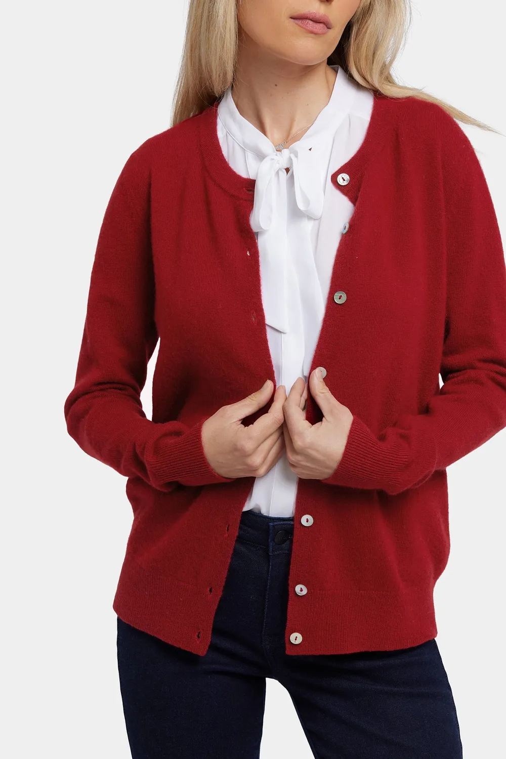 NYDJ Cashmere Crewneck Cardigan Strickjacke Rot