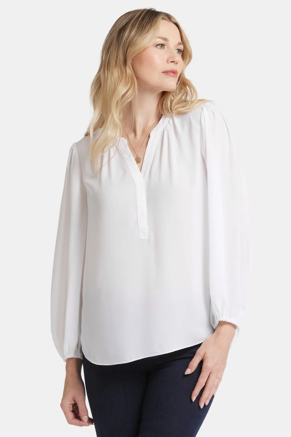 NYDJ Puff Sleeve Popover Bluse Optic White Georgette