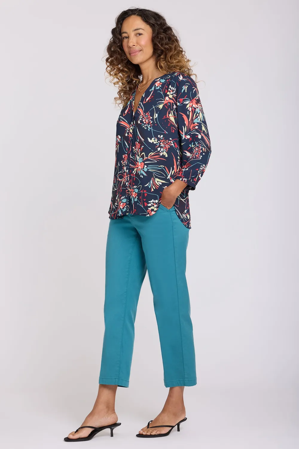 NYDJ Pintuck Bluse Blooming Potpourri Blau-Multi 3/4 Arm
