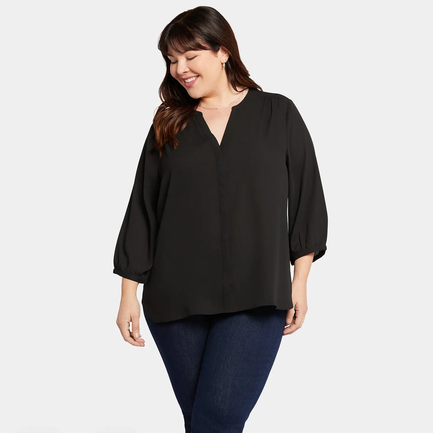 NYDJ Pintuck Plus-Size Bluse Schwarz 1X 3/4-Arm