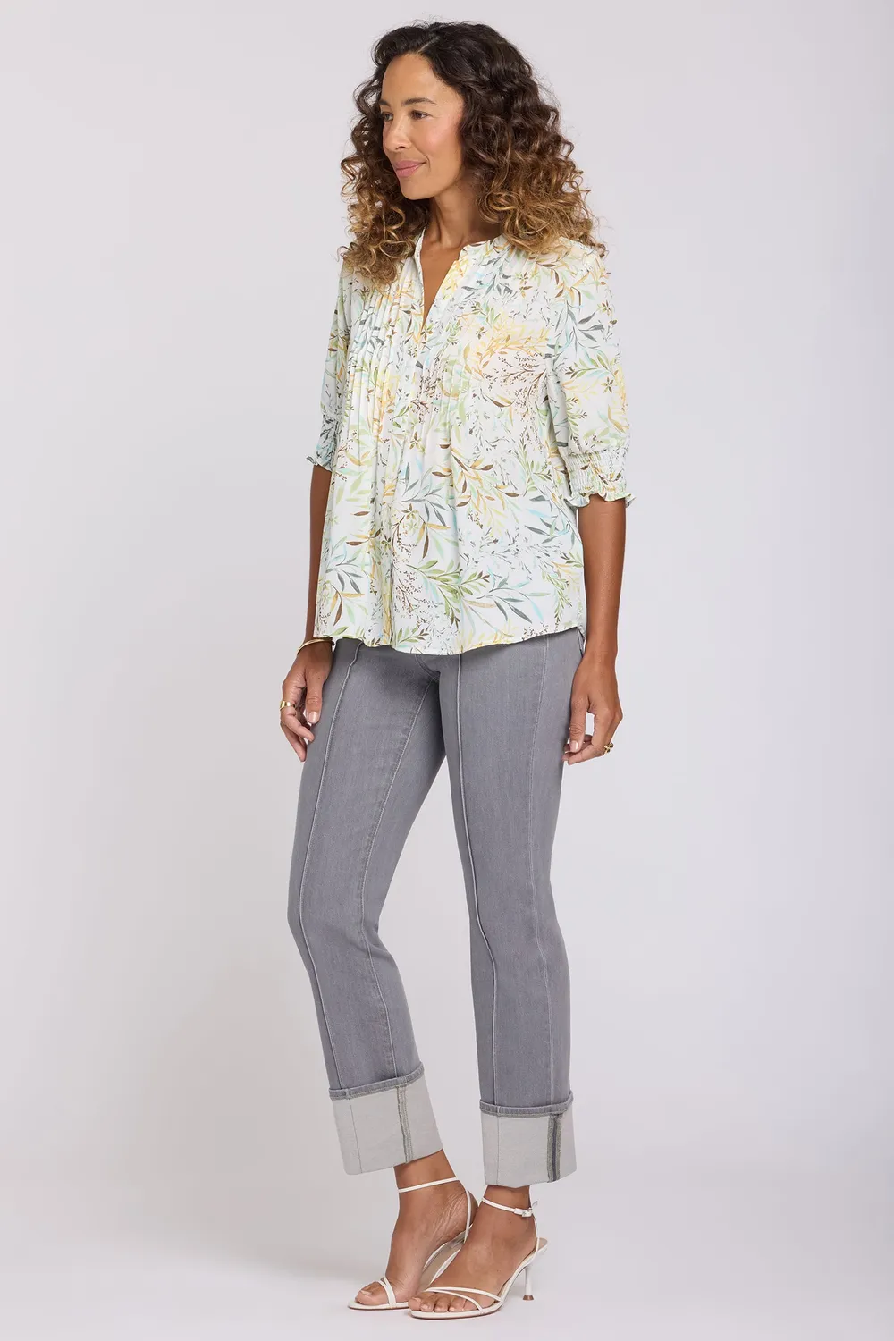 NYDJ Plissee Bluse kurzarm Chateau Jardin Gelb