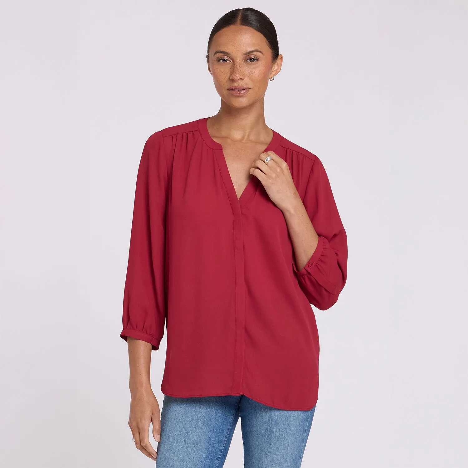NYDJ Pintuck Blouse Bluse Beaujolais Rot 3/4-Arm