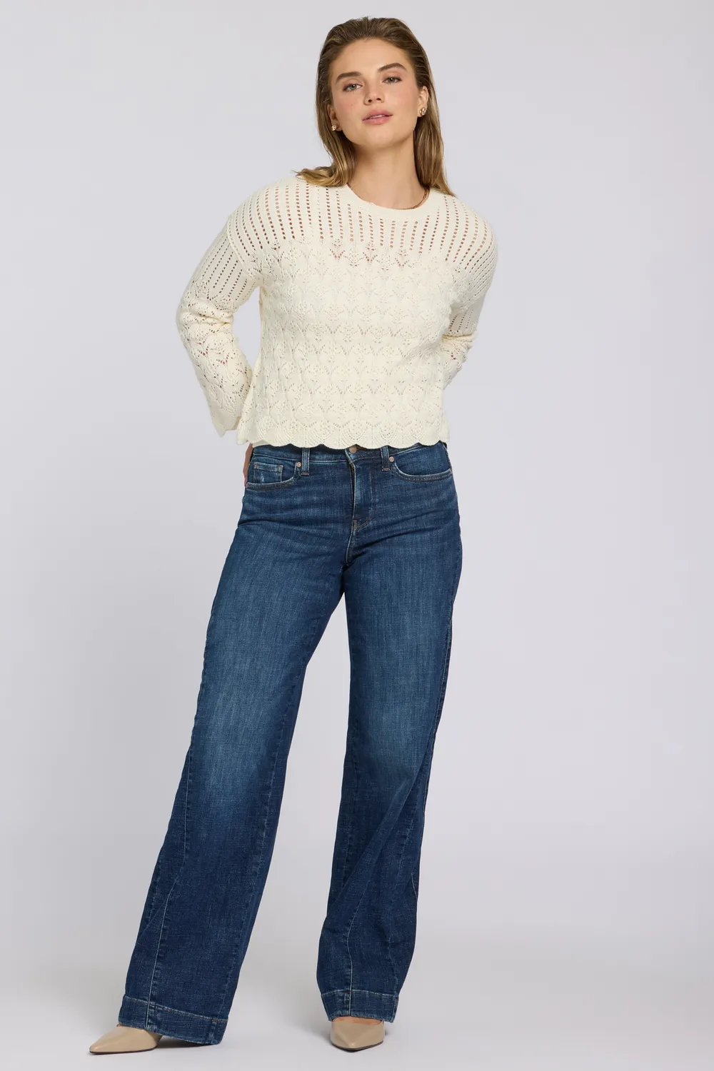 NYDJ Pointelle Popover Bluse Elfenbein Langarm