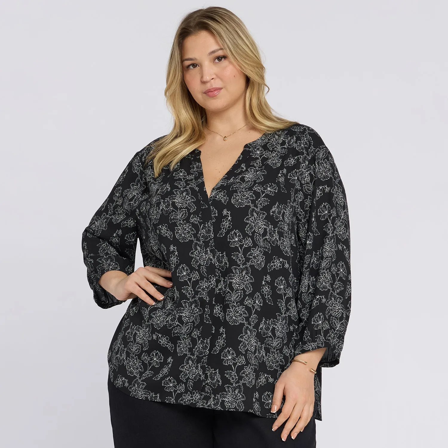 NYDJ Pintuck Bluse Floralesque 3/4-Arm Plus