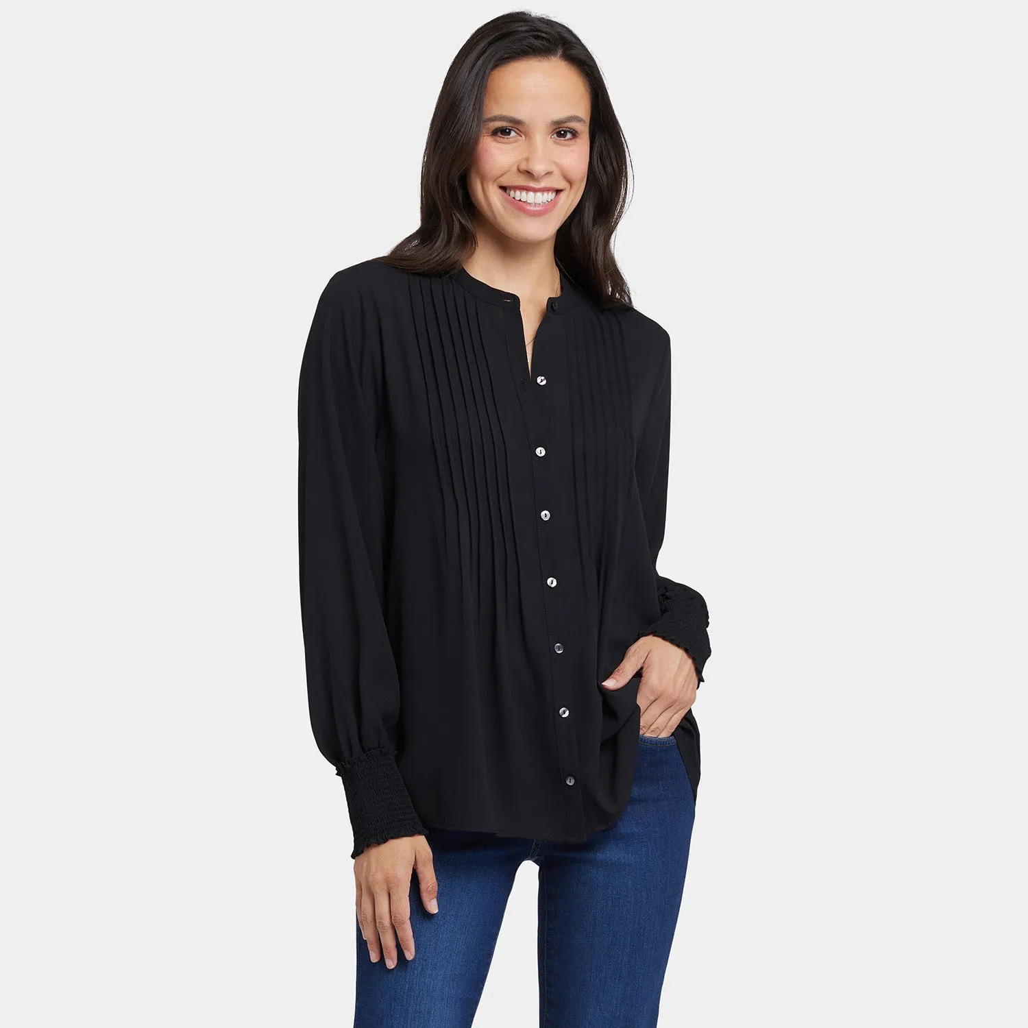NYDJ Pleated Peasant Bluse Schwarz Smokebündchen