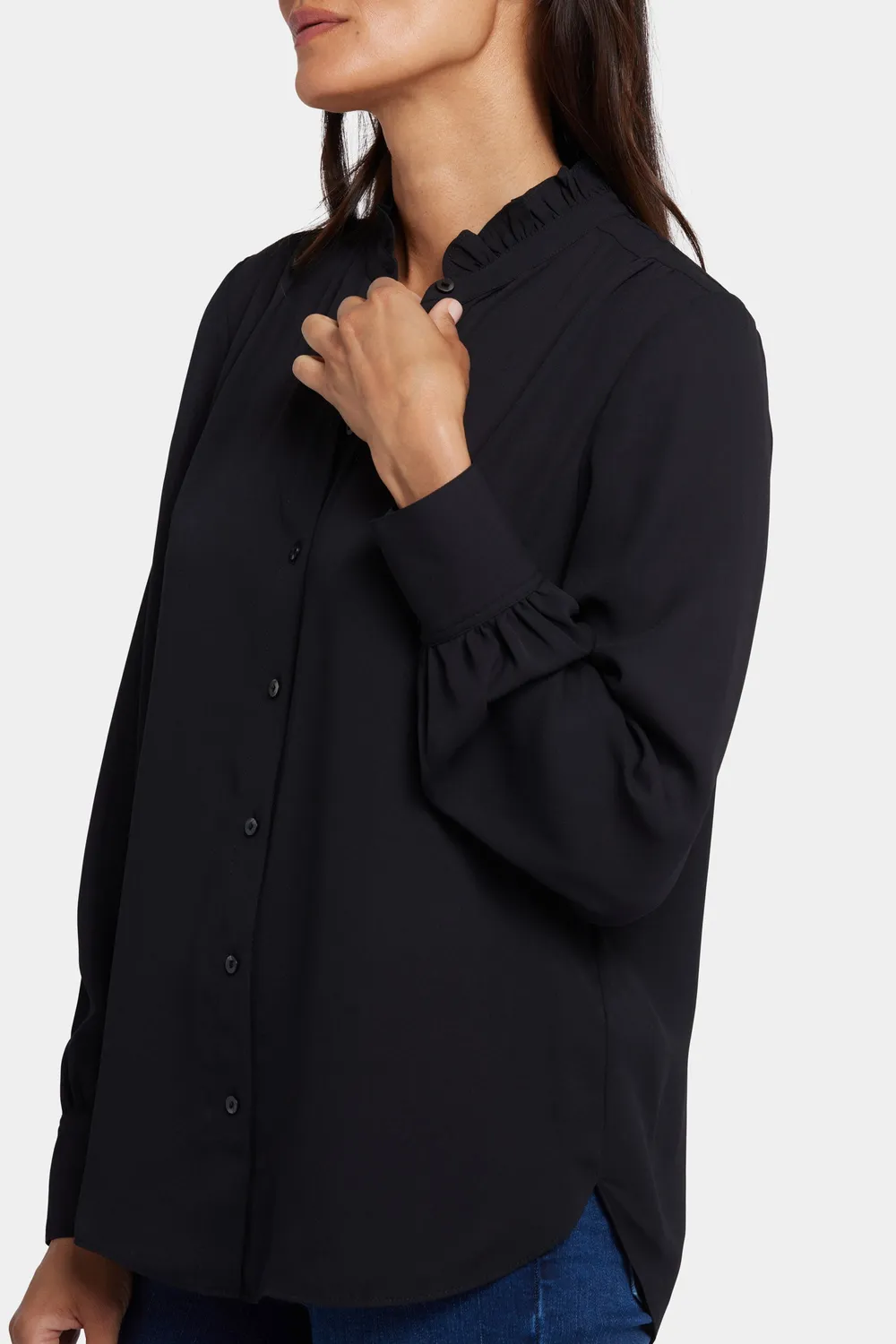 NYDJ Ruffle Neck Bluse Schwarz Rüschenkragen