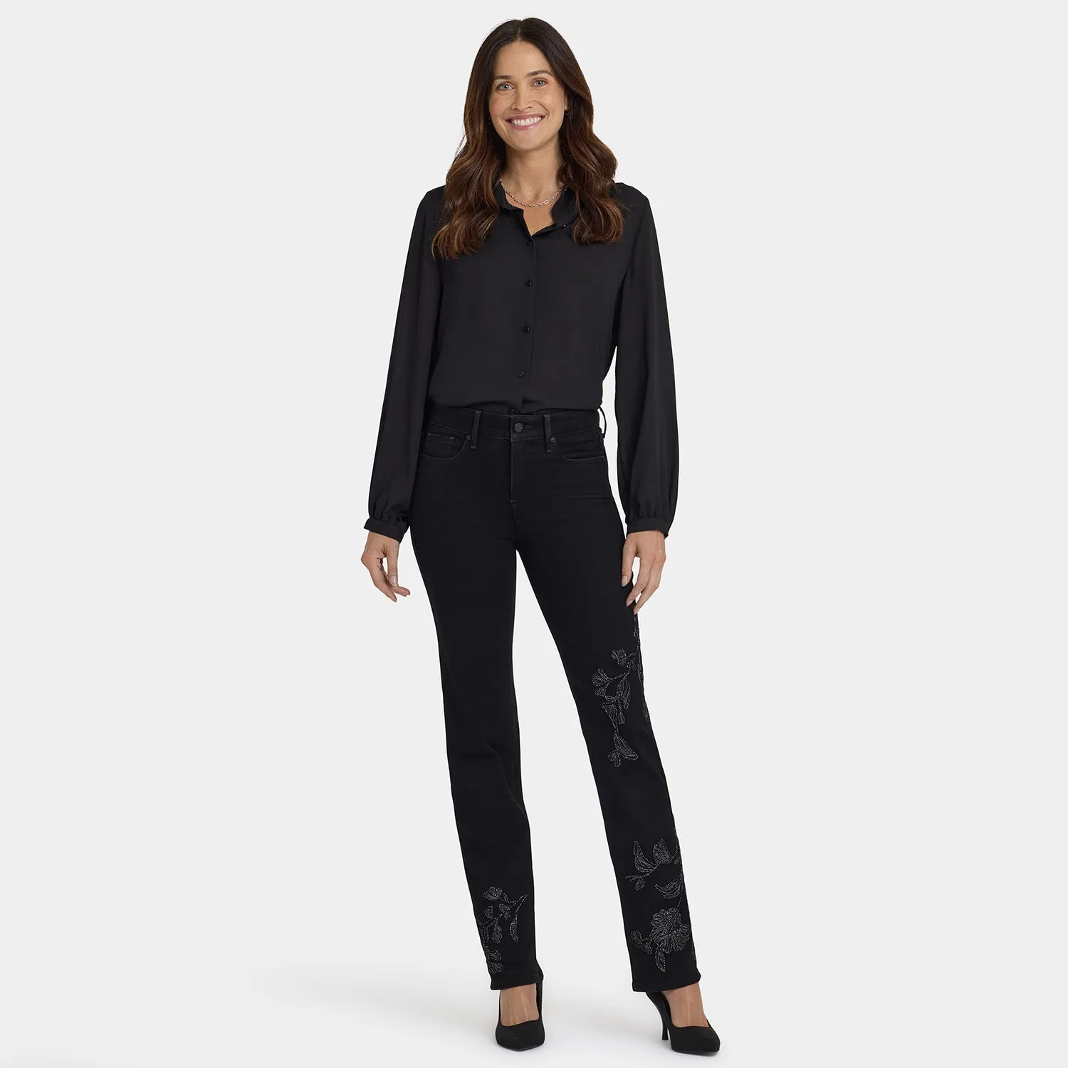NYDJ Marilyn Straight Jeans Petite Schwarz bestickt